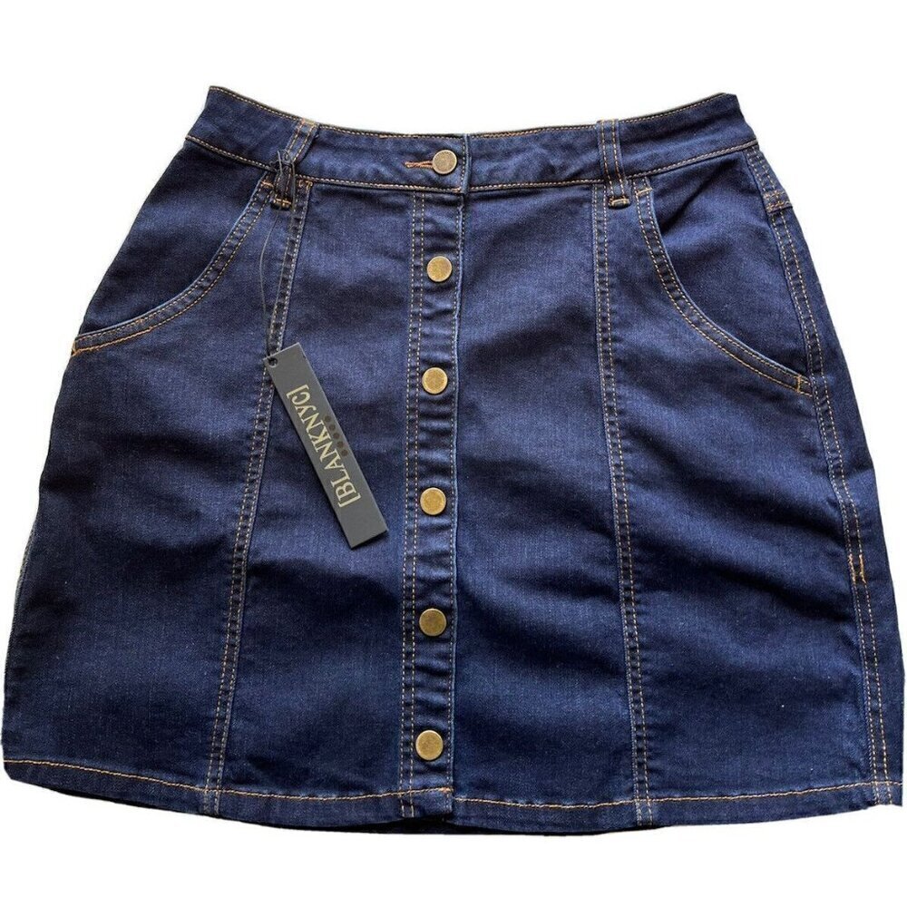 Blank NYC Womens Blue Denim Button Flared Mini Jean Skirt Size 28 - Picture 7 of 8